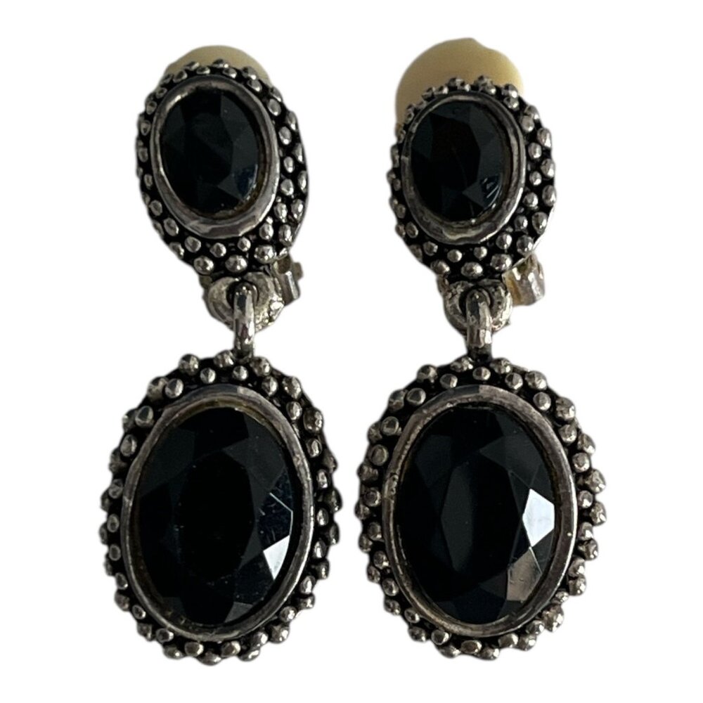 Vintage Black Faceted Drop Earrings Silver Tone Clip On 1.5 Inch